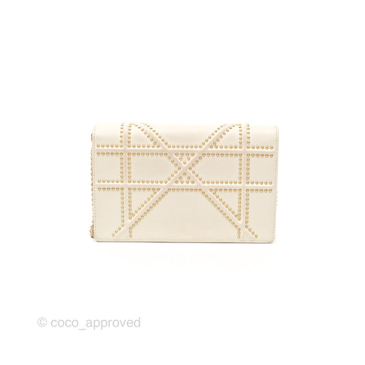 Christian Dior Diorama Wallet on Chain in White Calfskin Studded Gold