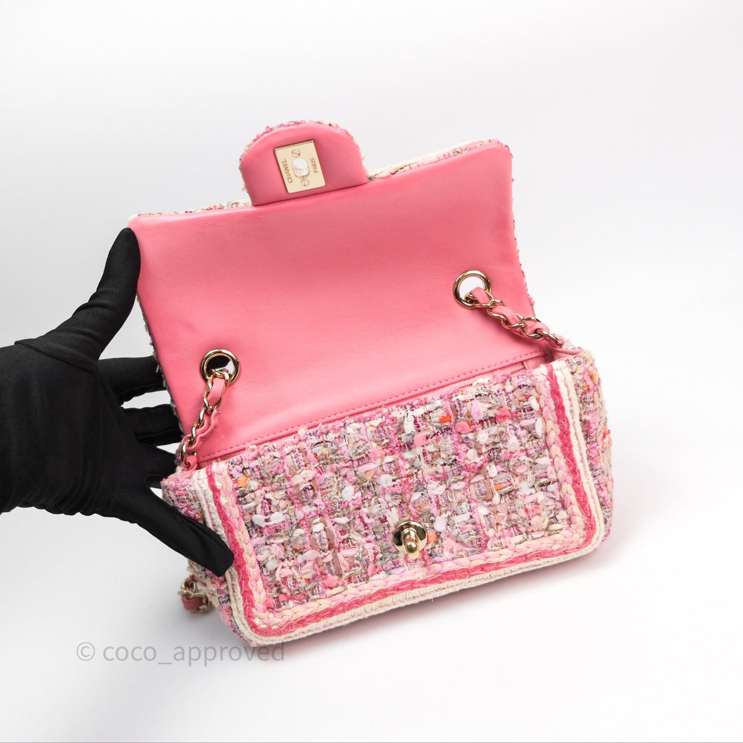 Chanel Mini Rectangular Flap Pink Tweed Braid Gold Hardware