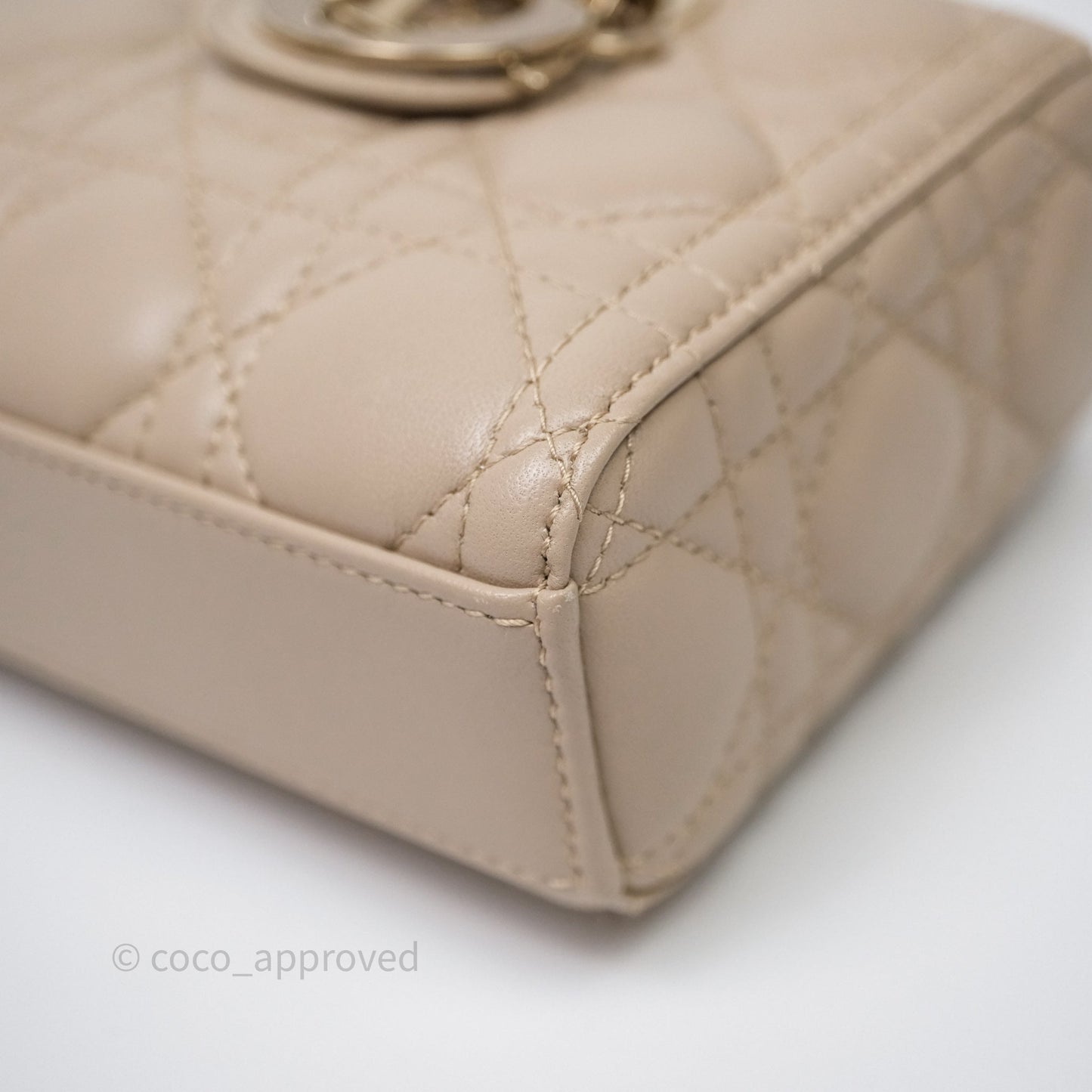 Christian Dior Small Lady D-Joy Powder Beige Cannage Lambskin Gold Hardware