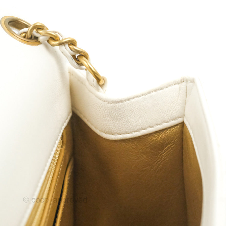 Chanel Mini Square Pearl Crush Quilted White Lambskin Aged Gold Hardware