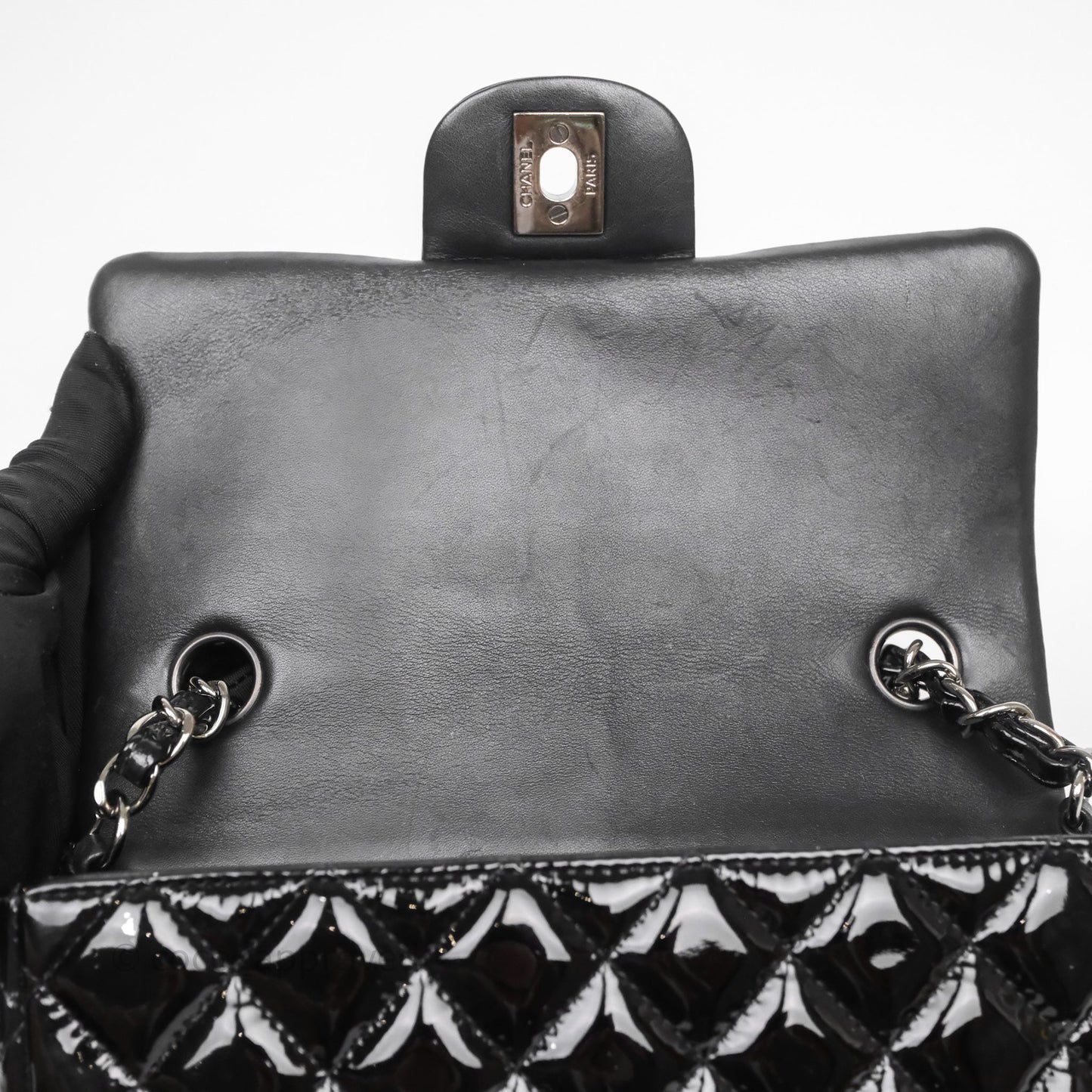 Chanel Quilted Mini Rectangular Flap Black Patent Silver Hardware