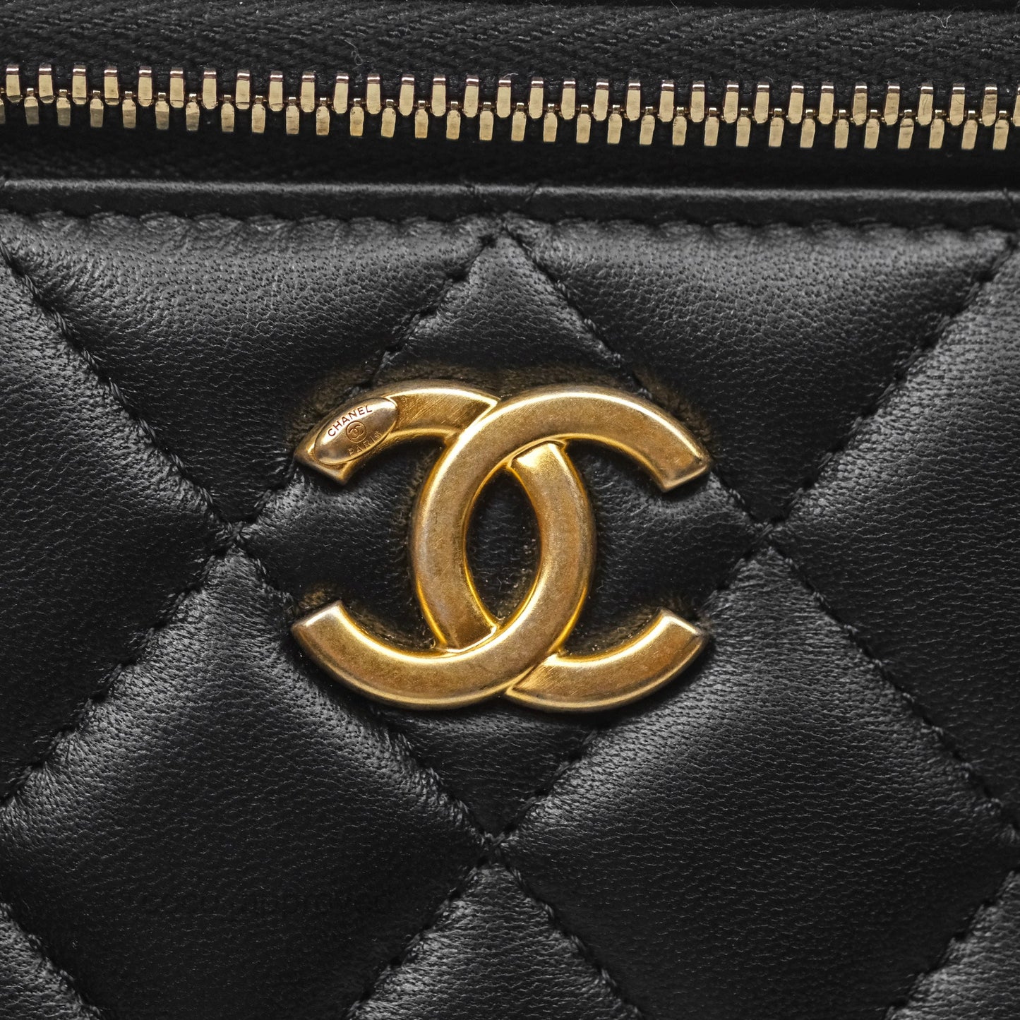 Chanel Quilted Vanity Rectangular with Camellia Adjustable Chain Black Lambskin 23S