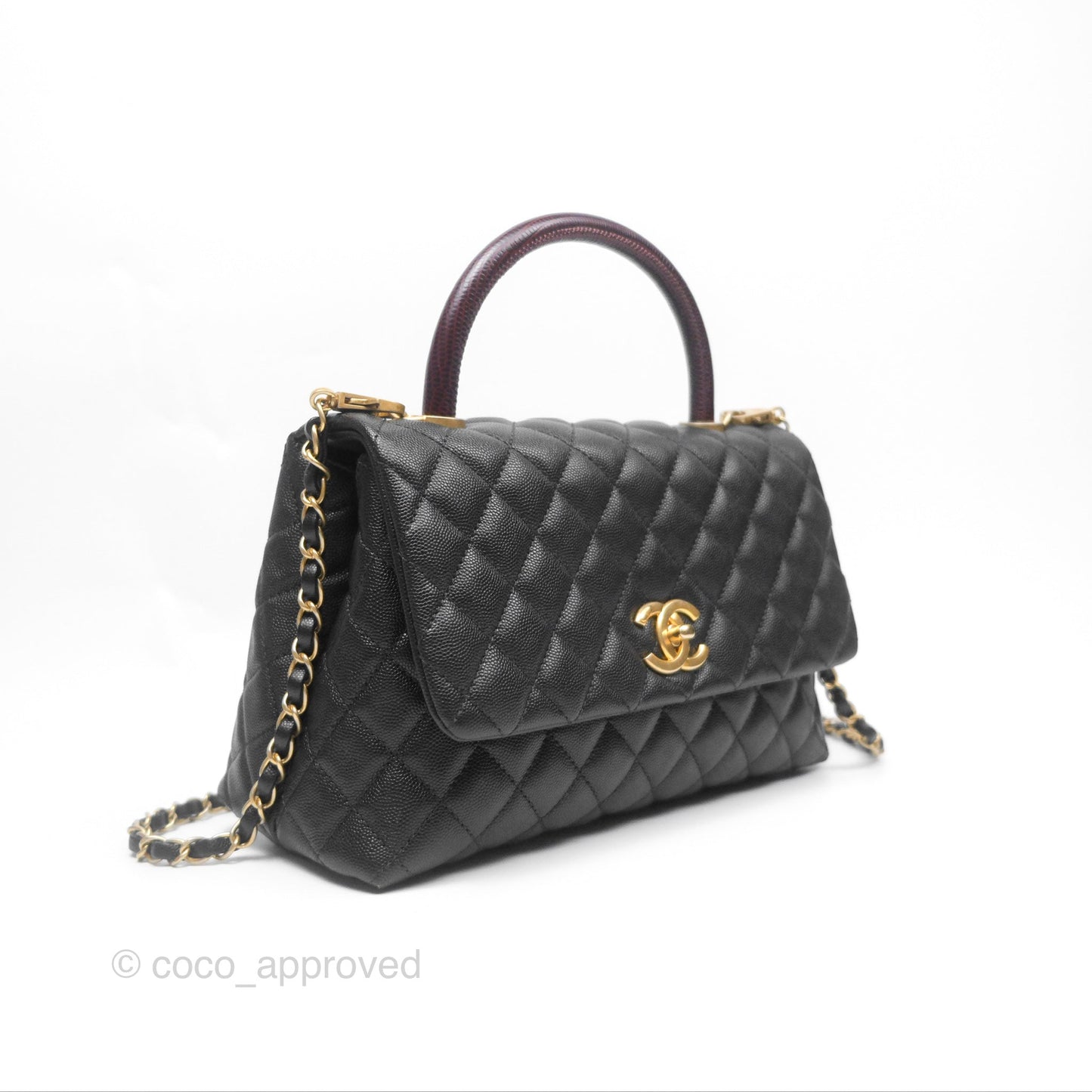 Chanel Medium Coco Handle Quilted Black Caviar Lizard Handle Gold Hardware