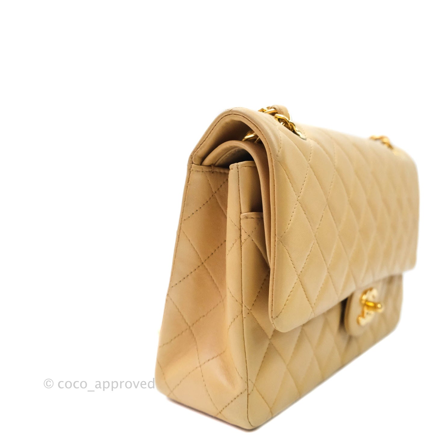 Chanel Vintage M/L Medium Double Flap Bag Beige Lambskin 24K Gold Hardware