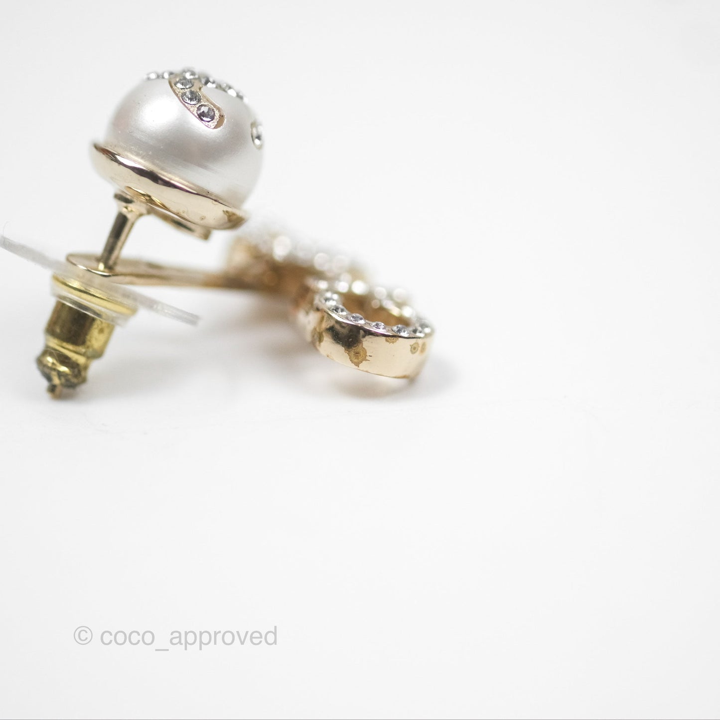 Chanel CC Pearl Rhinestone Earrings Gold Tone 21A