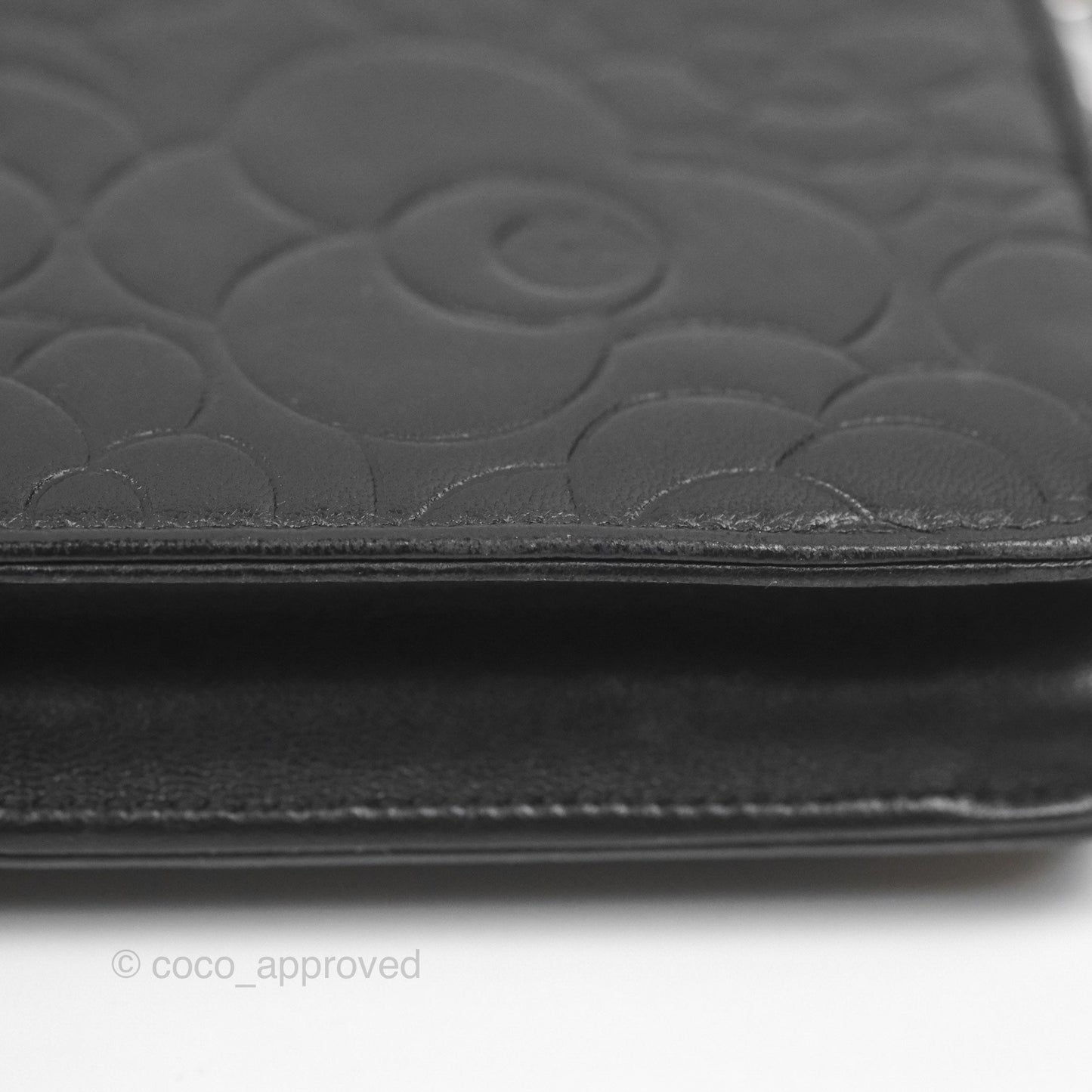 Chanel Camellia Embossed Wallet on Chain WOC Black Lambskin Silver Hardware