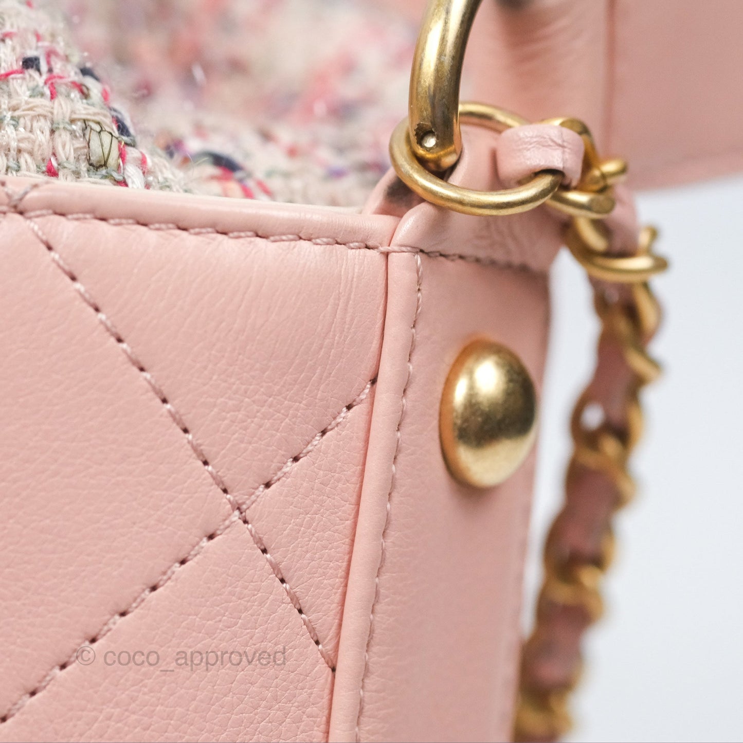 Chanel Quilted Top Handle Drawstring Bucket Bag Calfskin Tweed Pink Aged Gold Hardware