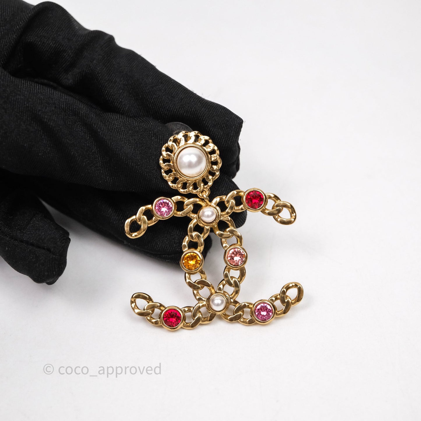 Chanel CC Drop Pearl Crystal Earrings Gold Tone 21P