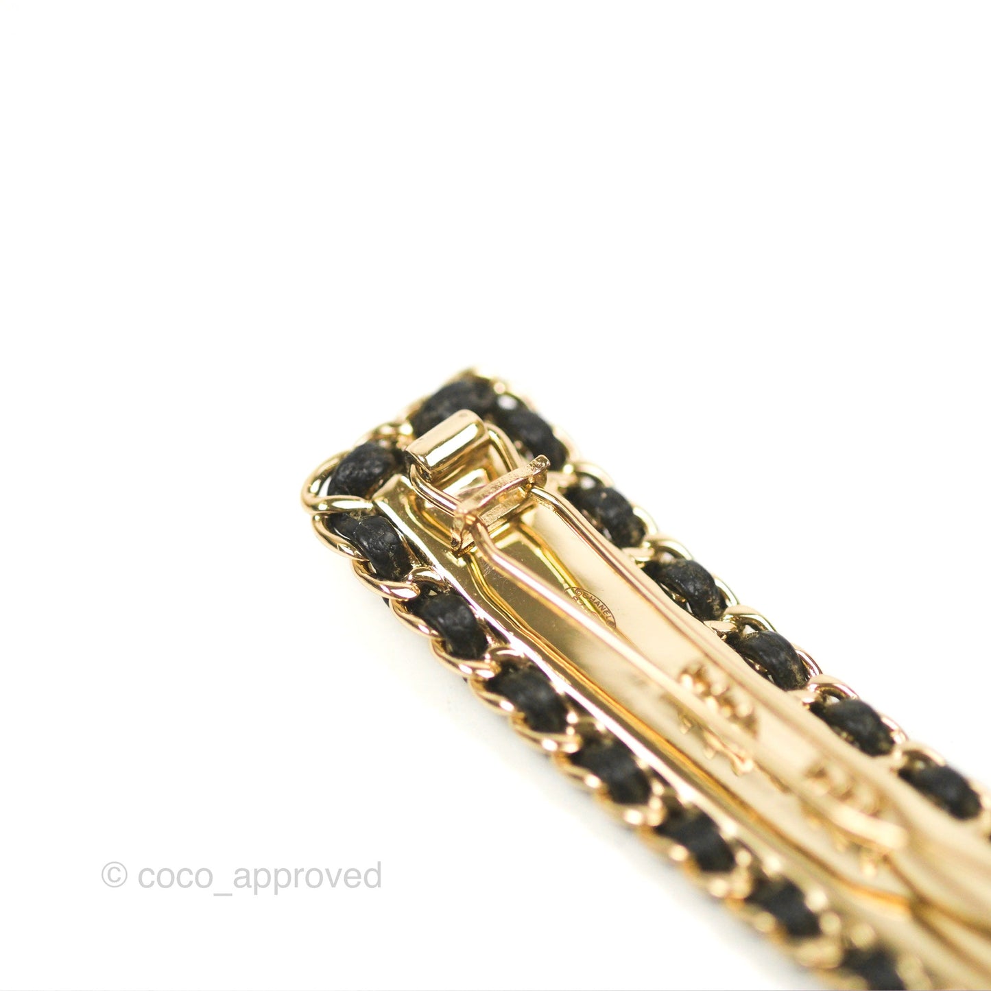 Chanel CC Black Leather Hair Clip Gold Tone 21S