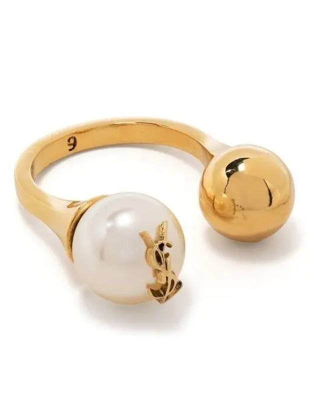 Luxury Saint Laurent YSL Logo Pearl Ring Aging Brass Gold
