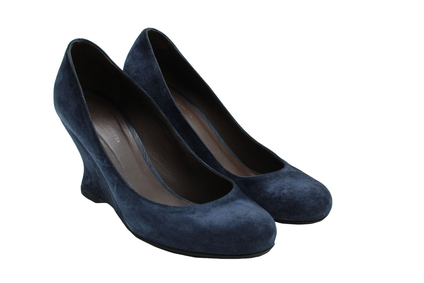 Luxury Bottega Veneta Round Toe Wedge in Navy Blue Suede