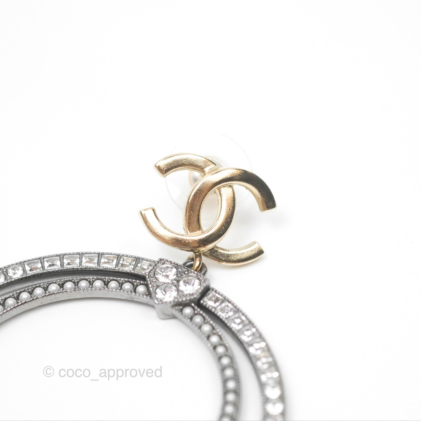 Chanel CC Circles Crystal Drop Earrings Brushed Gold Tone & Gun Metal 20P