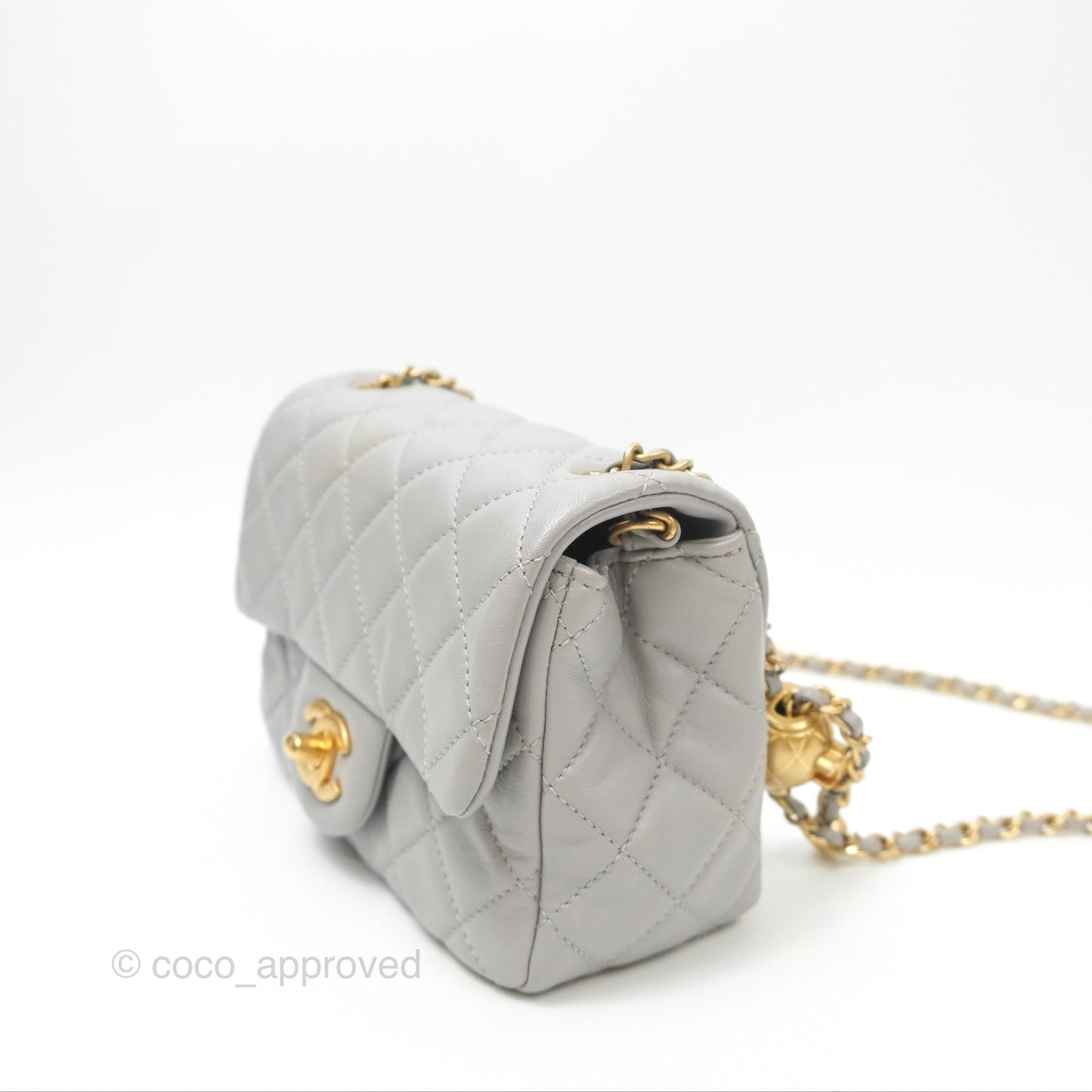 Chanel Pearl Crush Mini Square Quilted Light Grey Lambskin Aged Gold Hardware