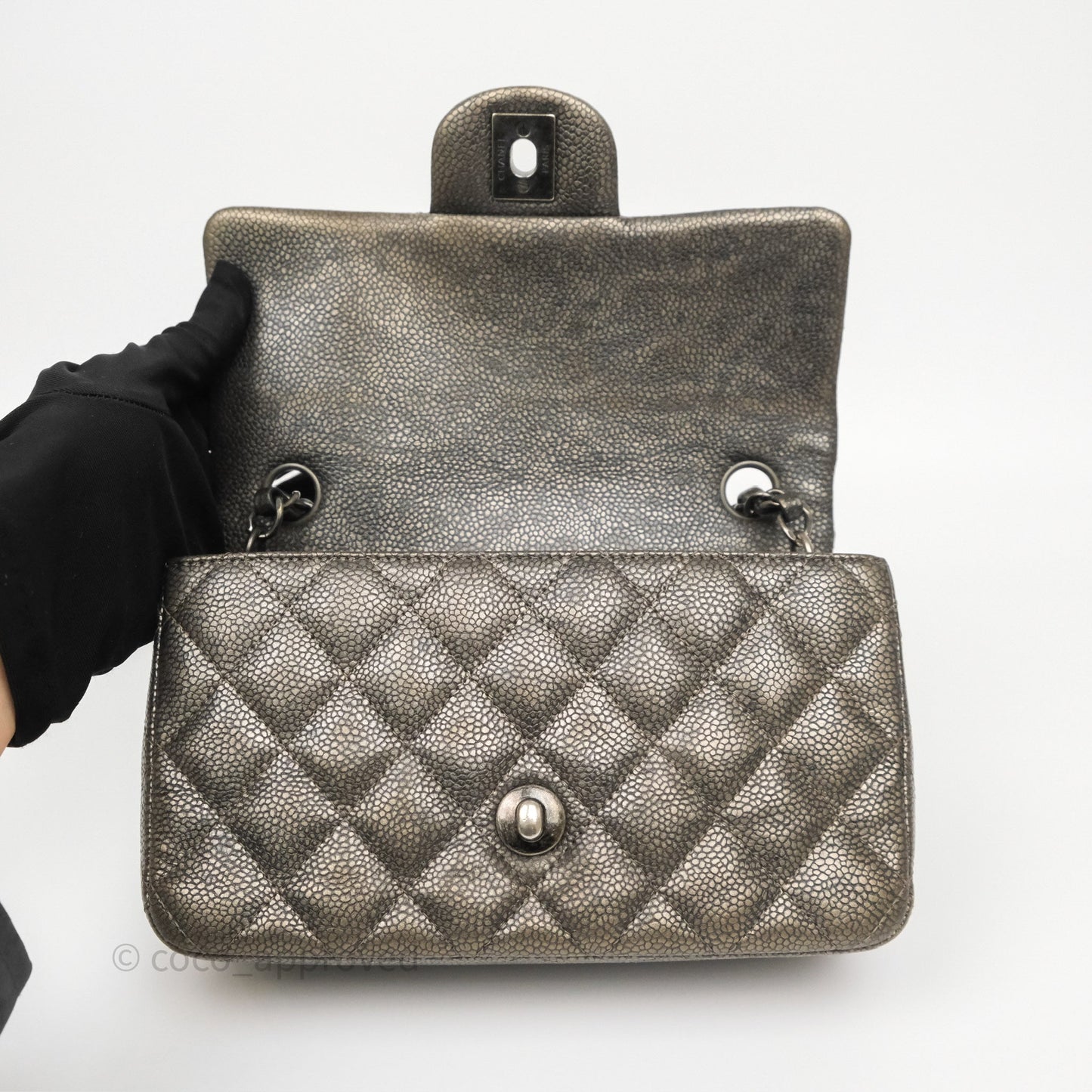 Chanel Mini Rectangular Quilted Metallic Grey Caviar Ruthenium Hardware