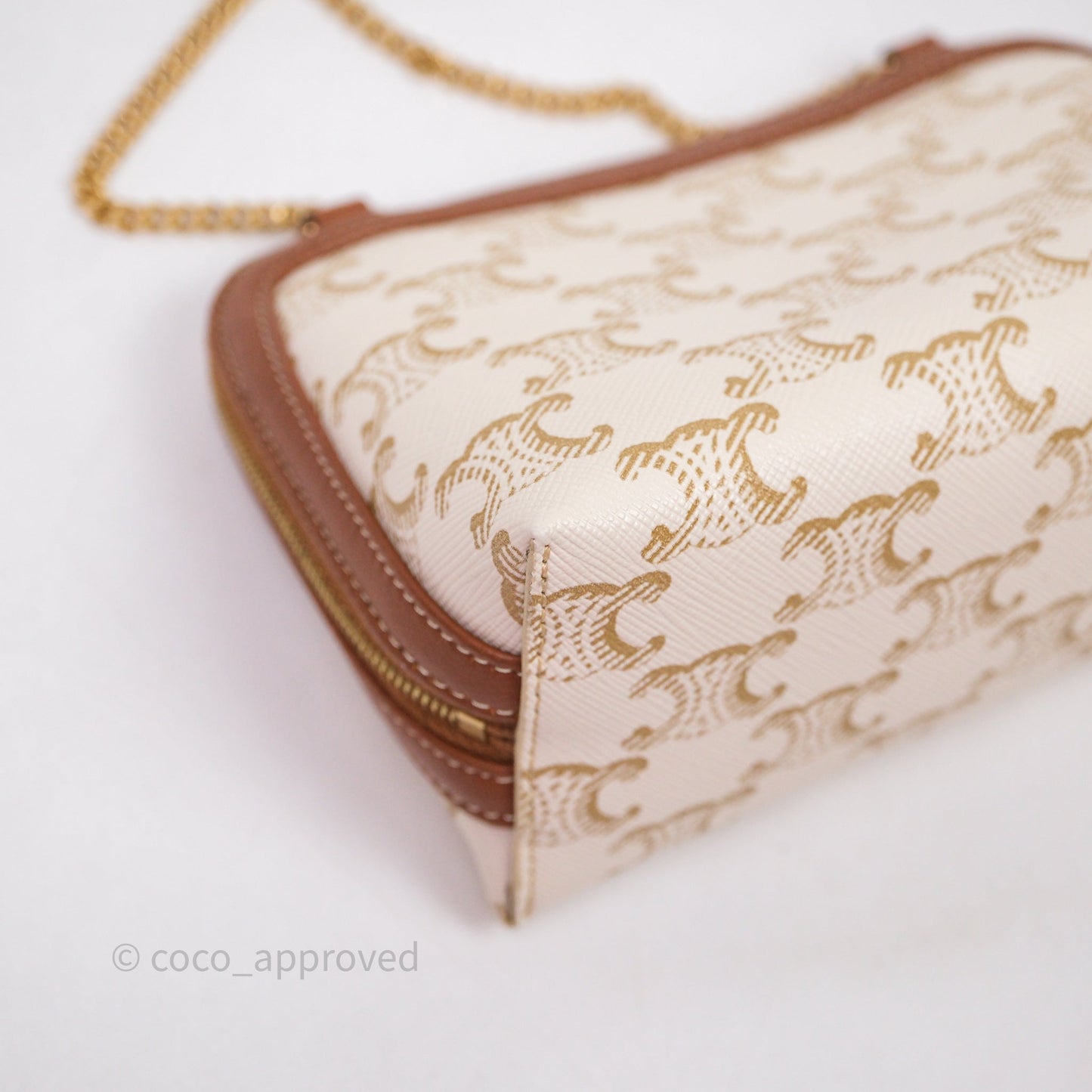 Celine Clutch With Chain Triomphe Canvas Lambskin White/Tan