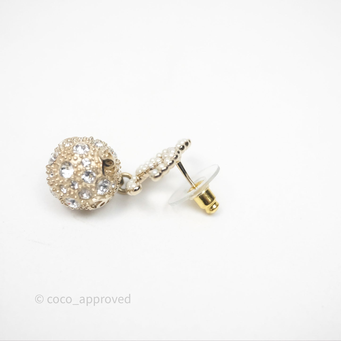 Chanel Crystal Pearl CC Drop Earrings Gold Tone Pearly White 21K