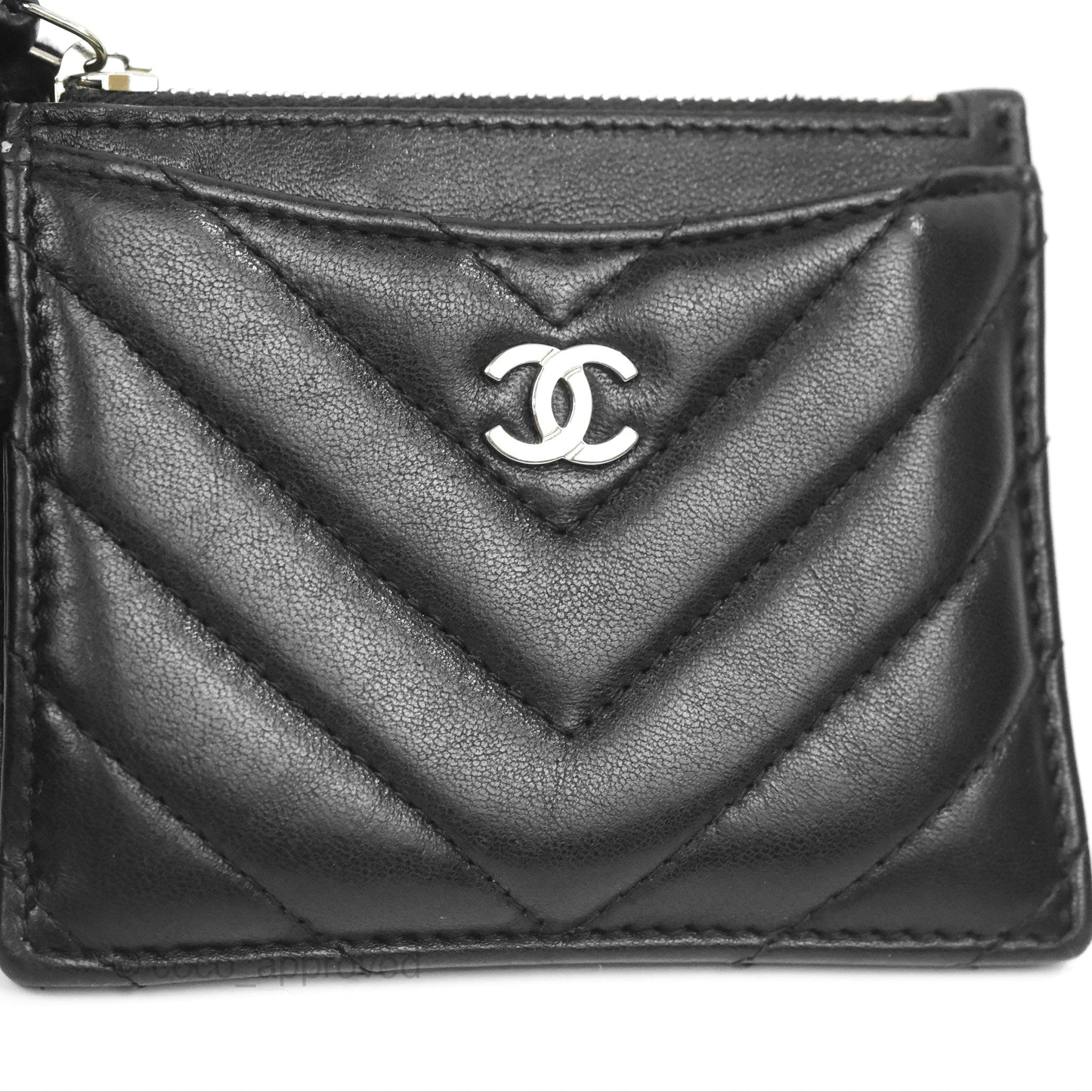Chanel Chevron CC Zipped Card Holder Black Lambskin Silver Hardware