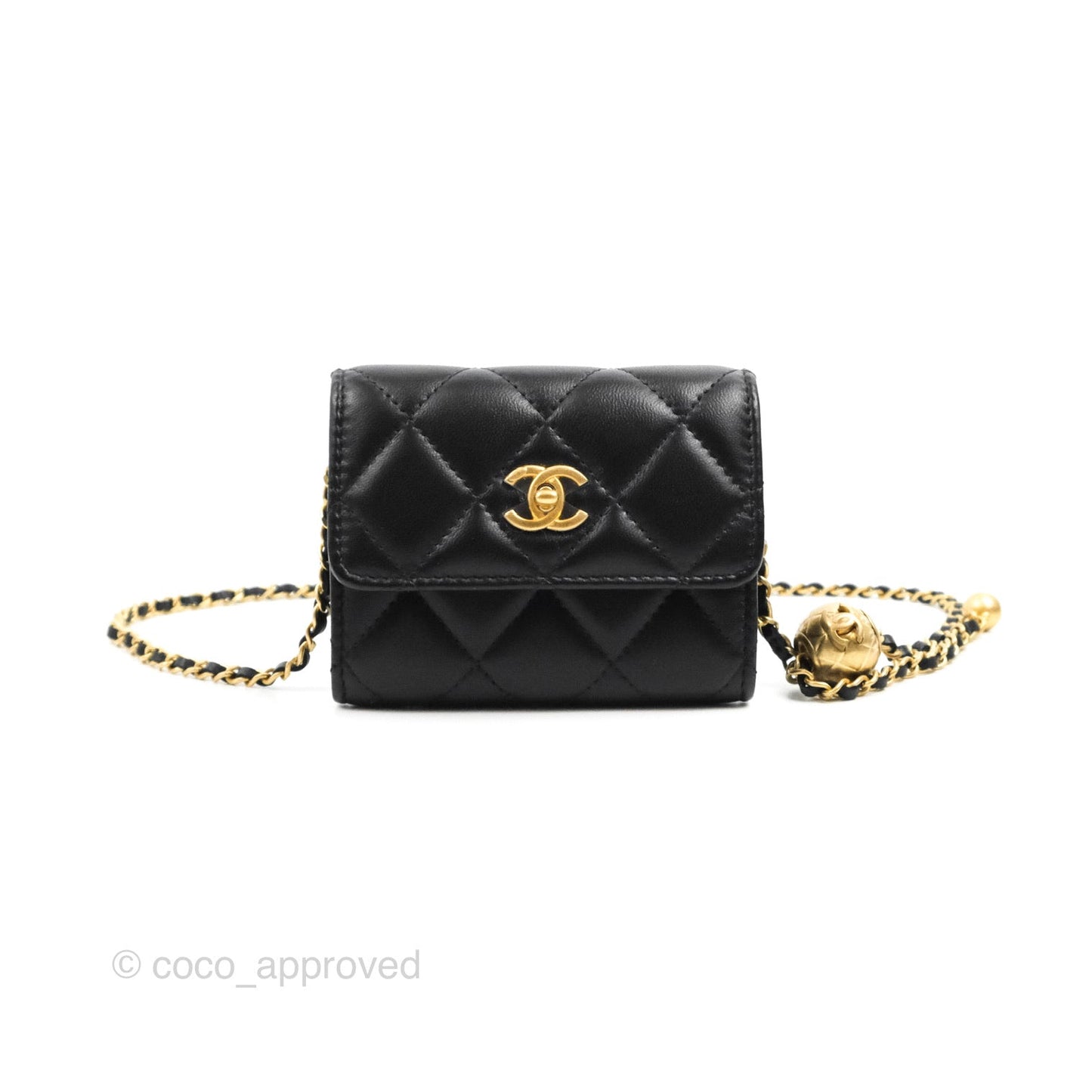 Chanel Pearl Crush Mini Clutch With Chain Black Lambskin Aged Gold Hardware