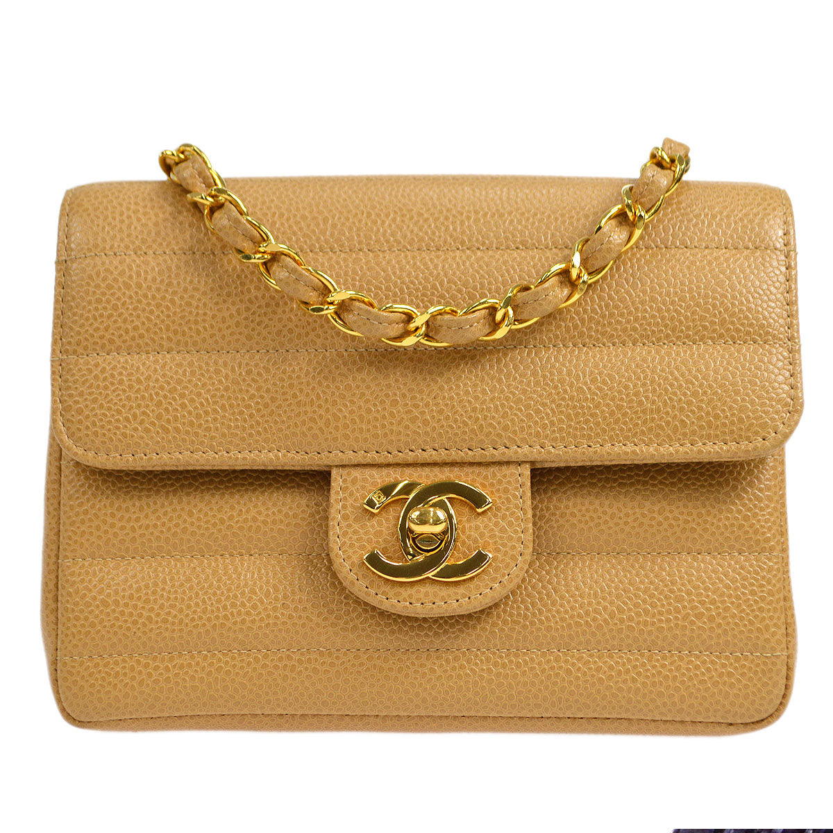 Luxury Chanel 1994-1996 Horizontal Stitch Classic Square Flap Mini 17 Beige Caviar