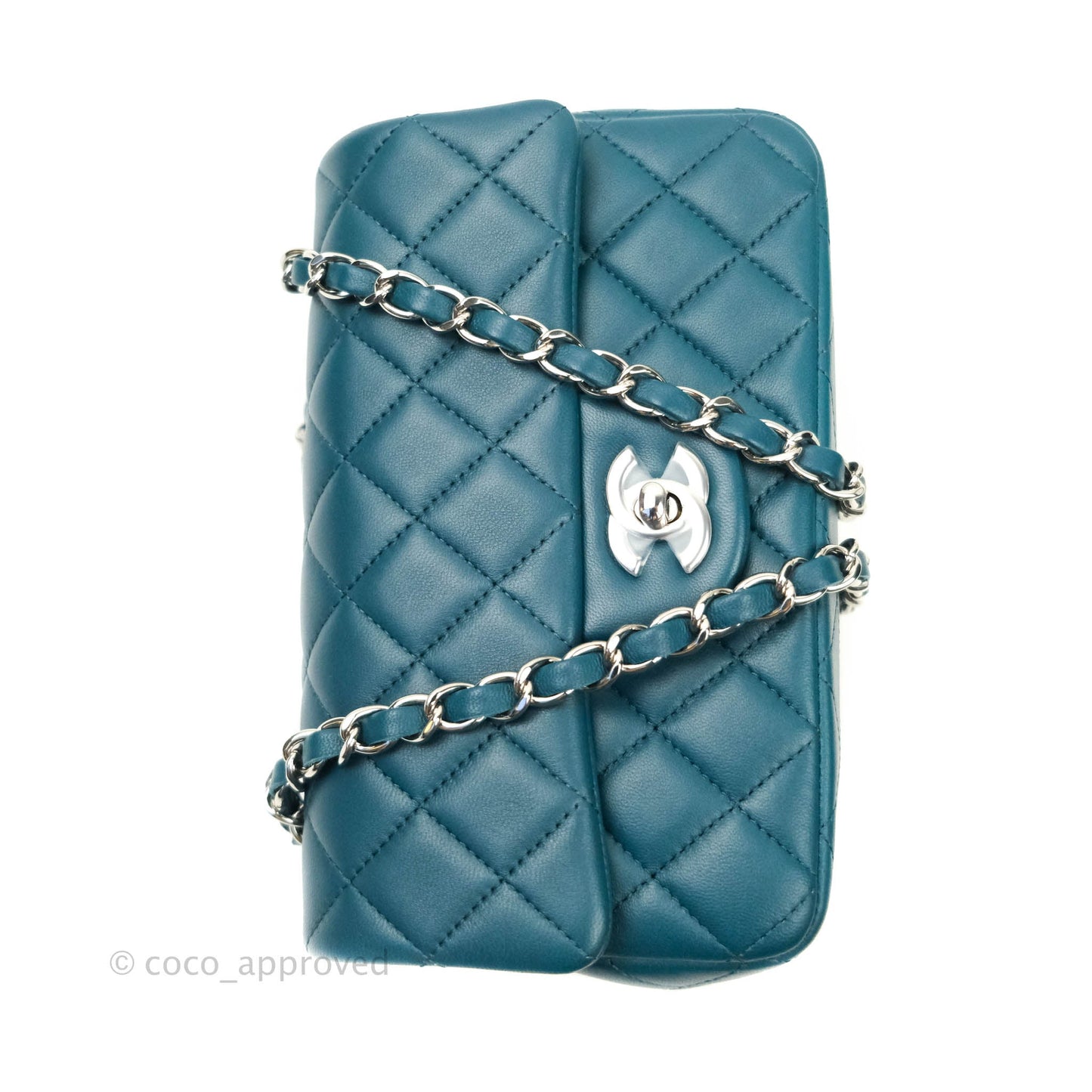 Chanel Quilted Mini Rectangular Lambskin Flap Bag Teal Silver Hardware