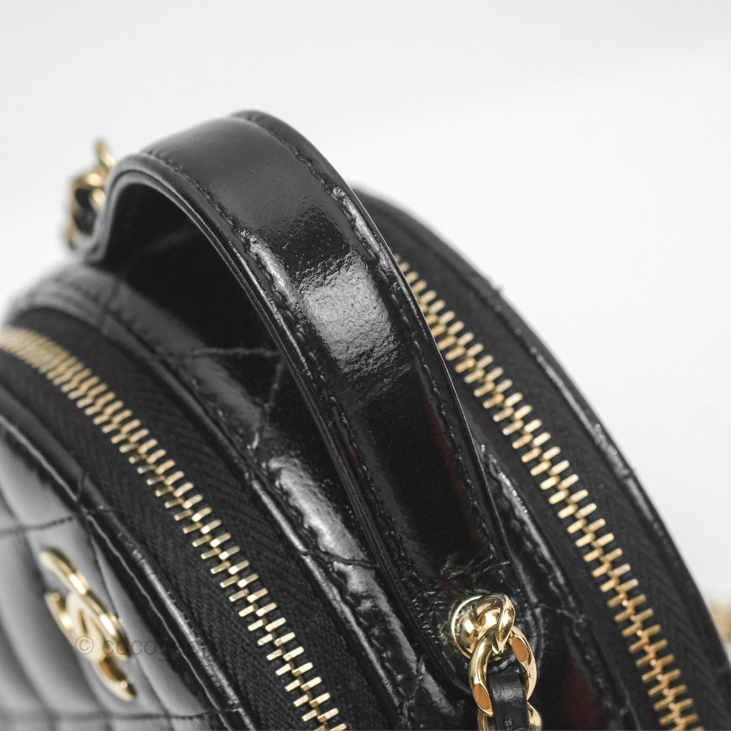 Chanel Mini Round Vanity Bag Handle With Care Black Glazed Lambskin 22C