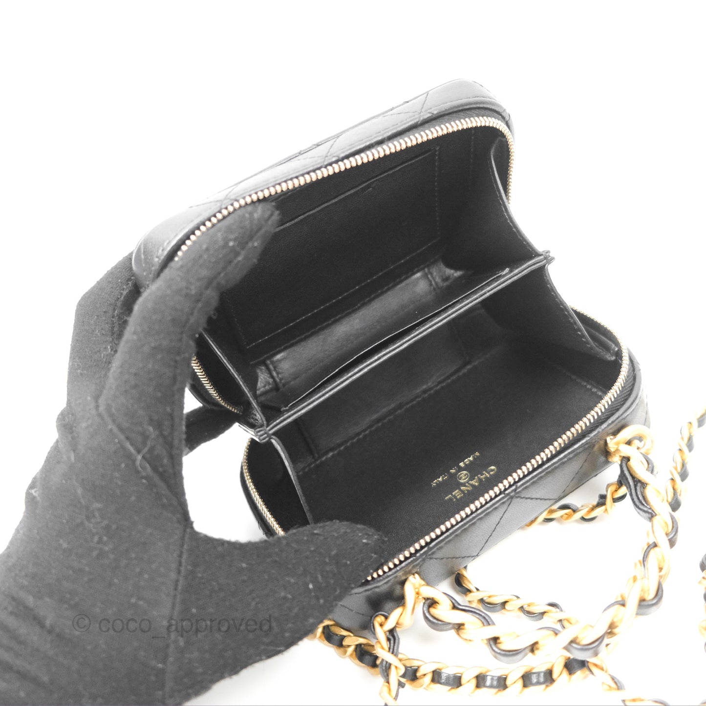 Chanel Top Handle Vanity Case Black Lambskin Aged Gold Hardware 22A