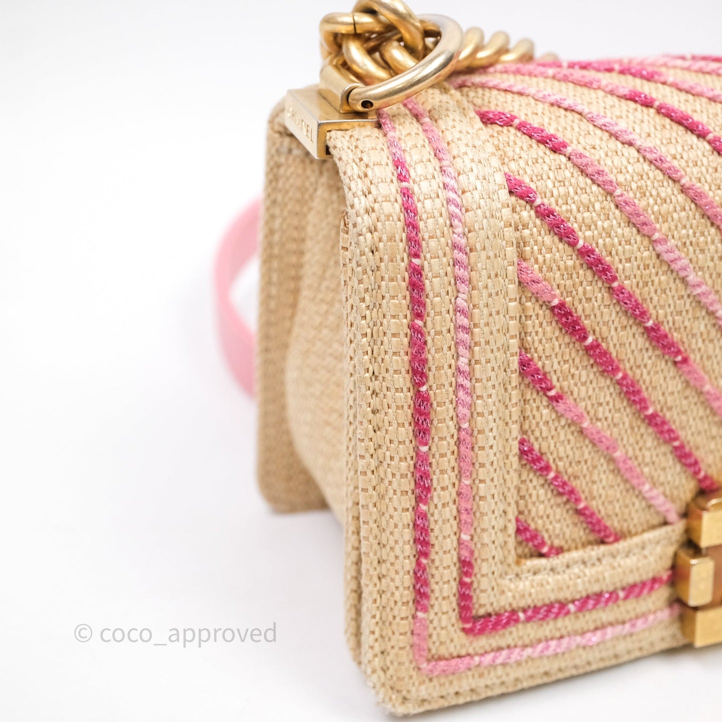 Chanel Small Boy Chevron Raffia Metallic Pink Aged Gold Hardware