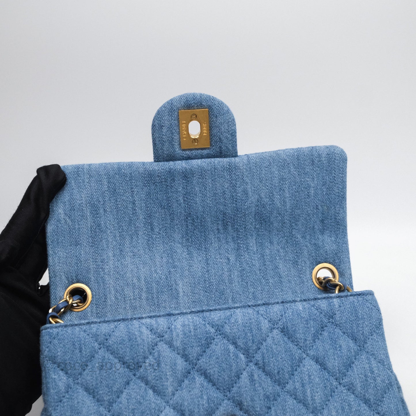 Chanel Mini Rectangular Pearl Crush Flap Quilted Denim Aged Gold Hardware