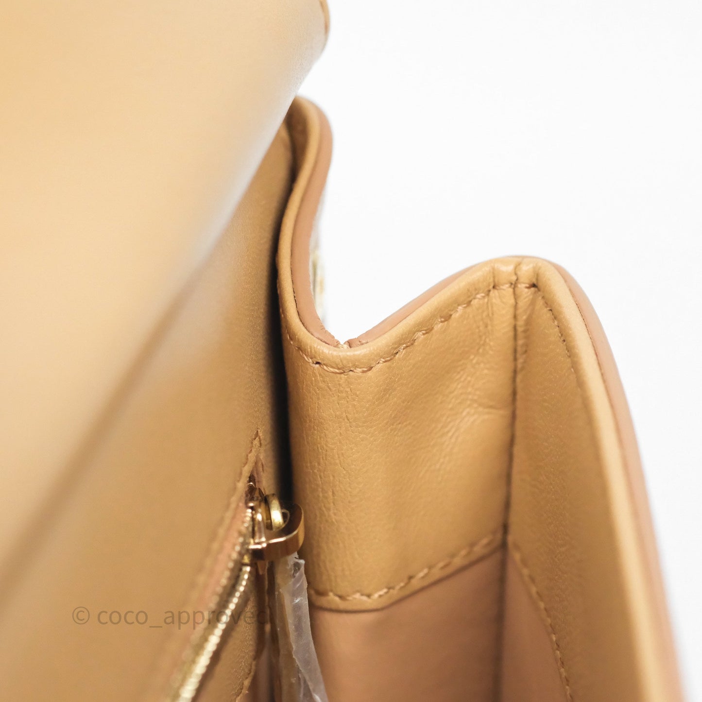 Chanel Small Coco Luxe Flap Bag Caramel Beige Calfskin Aged Gold Hardware