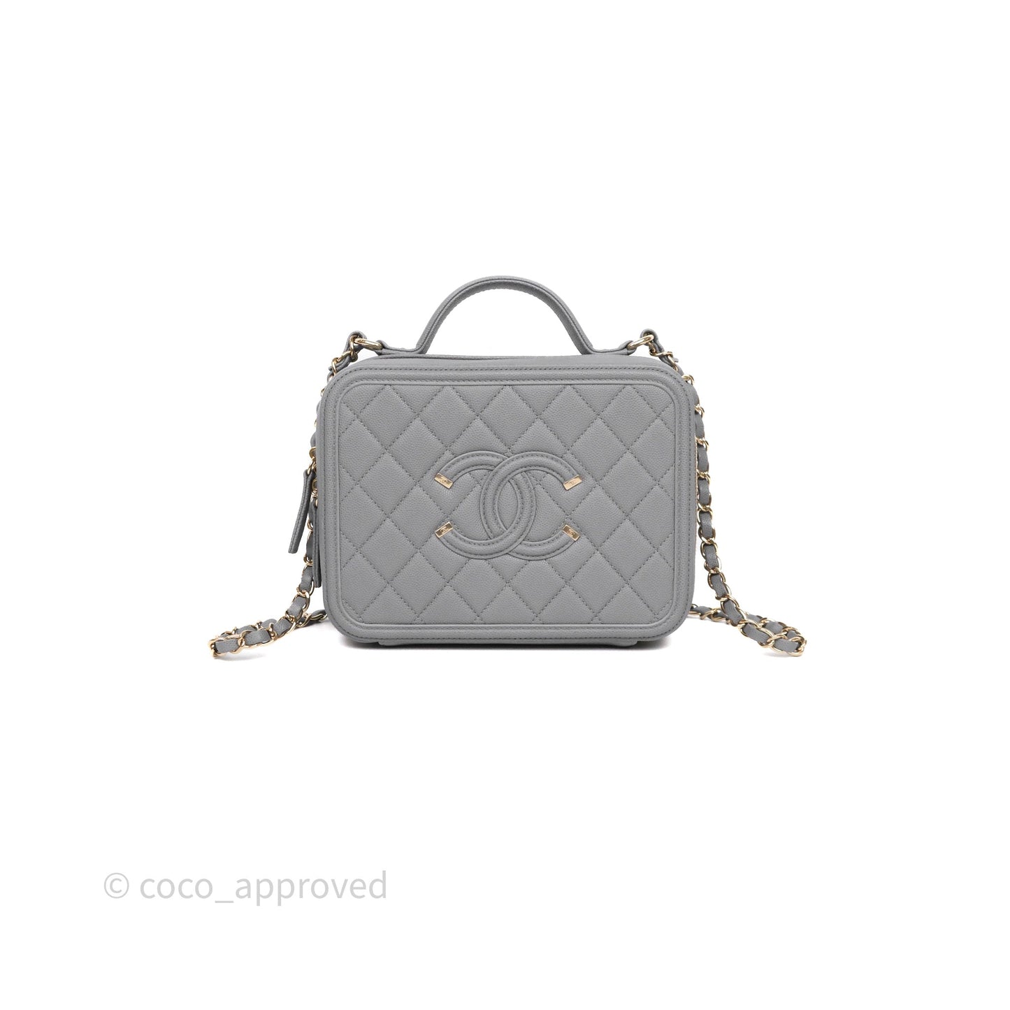 Chanel Medium CC Filigree Vanity Case Quilted Grey Caviar Gold Hardware