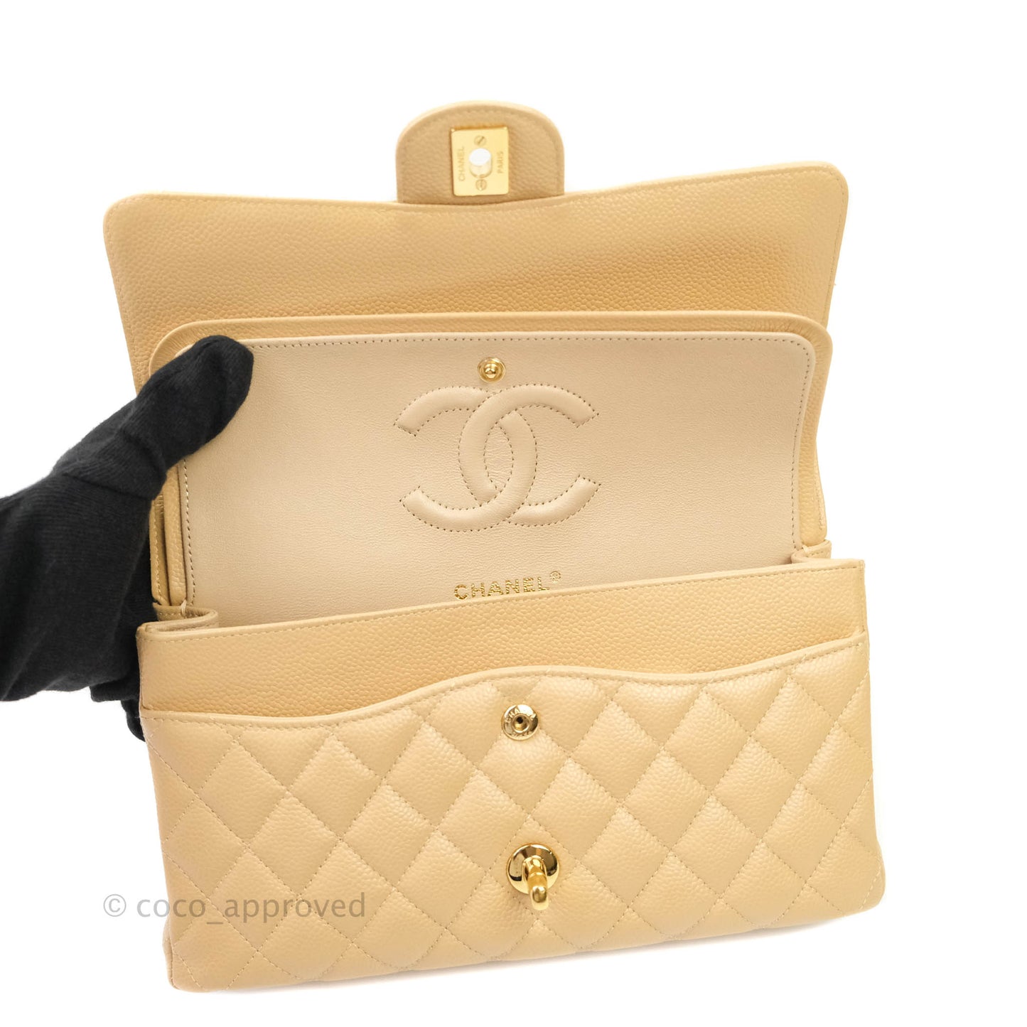 Chanel Classic M/L Medium Double Flap Beige Caviar Gold Hardware