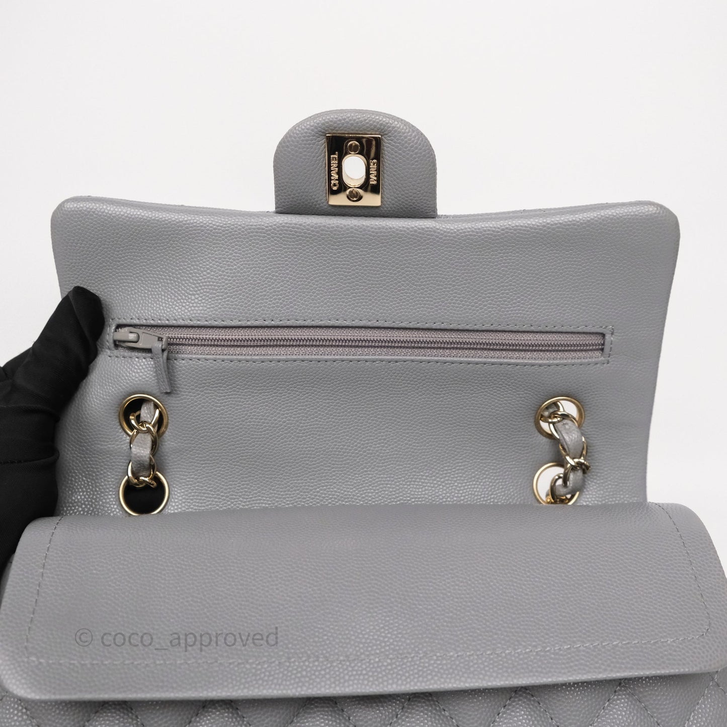 Chanel Small Classic Flap Quilted Grey Caviar Gold Hardware