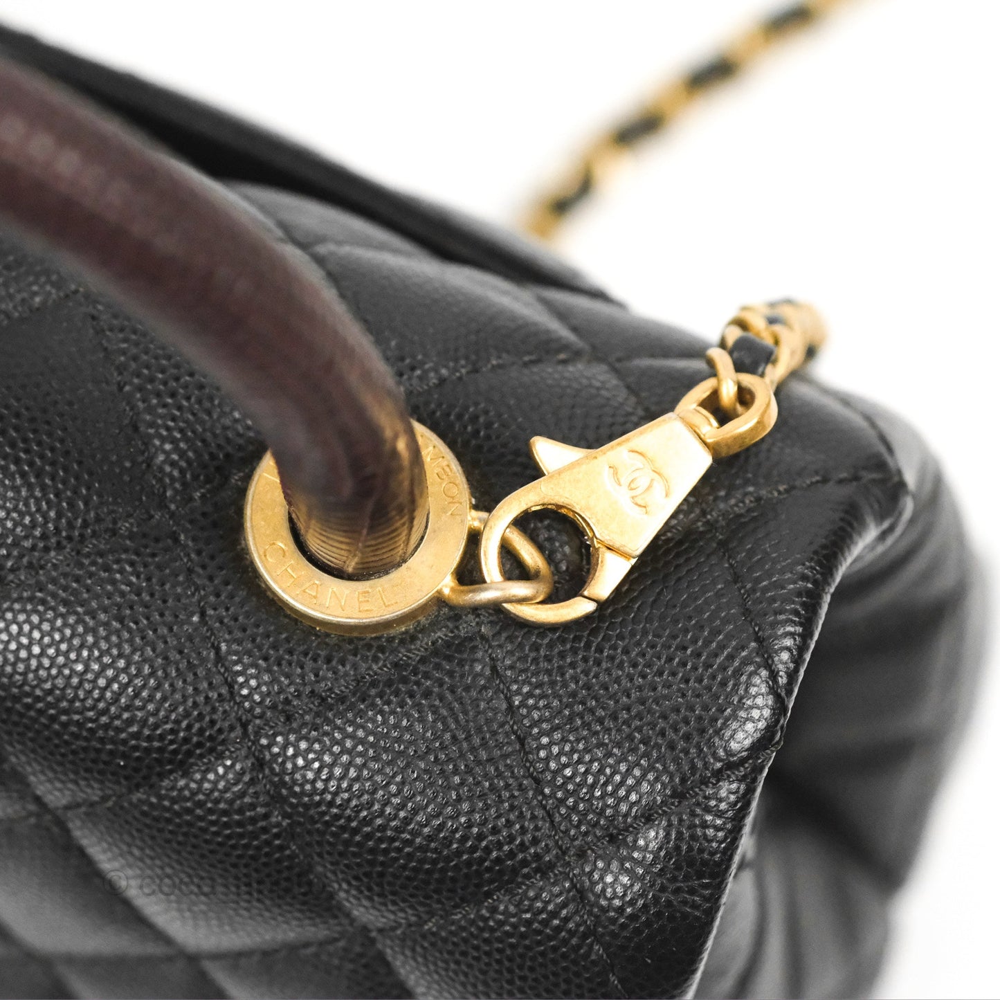 Chanel Small Coco Handle Quilted Black Caviar Aged Gold Hardware Lizard Handle