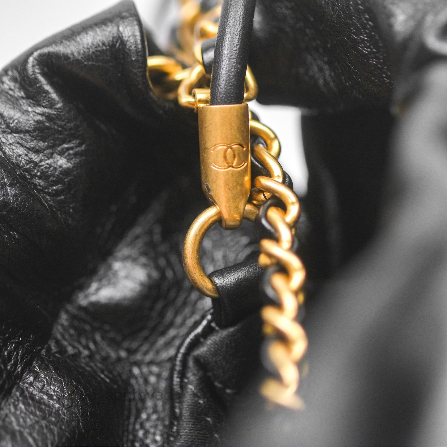 Chanel 22 Quilted Logo Mini Bag with Pearl Chain Black Shiny Crumpled Calfskin