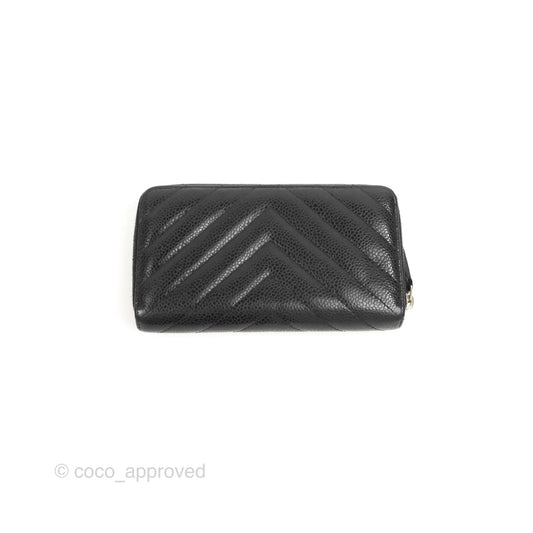 Chanel Medium Wallet Chevron Black Soft Caviar Silver Hardware