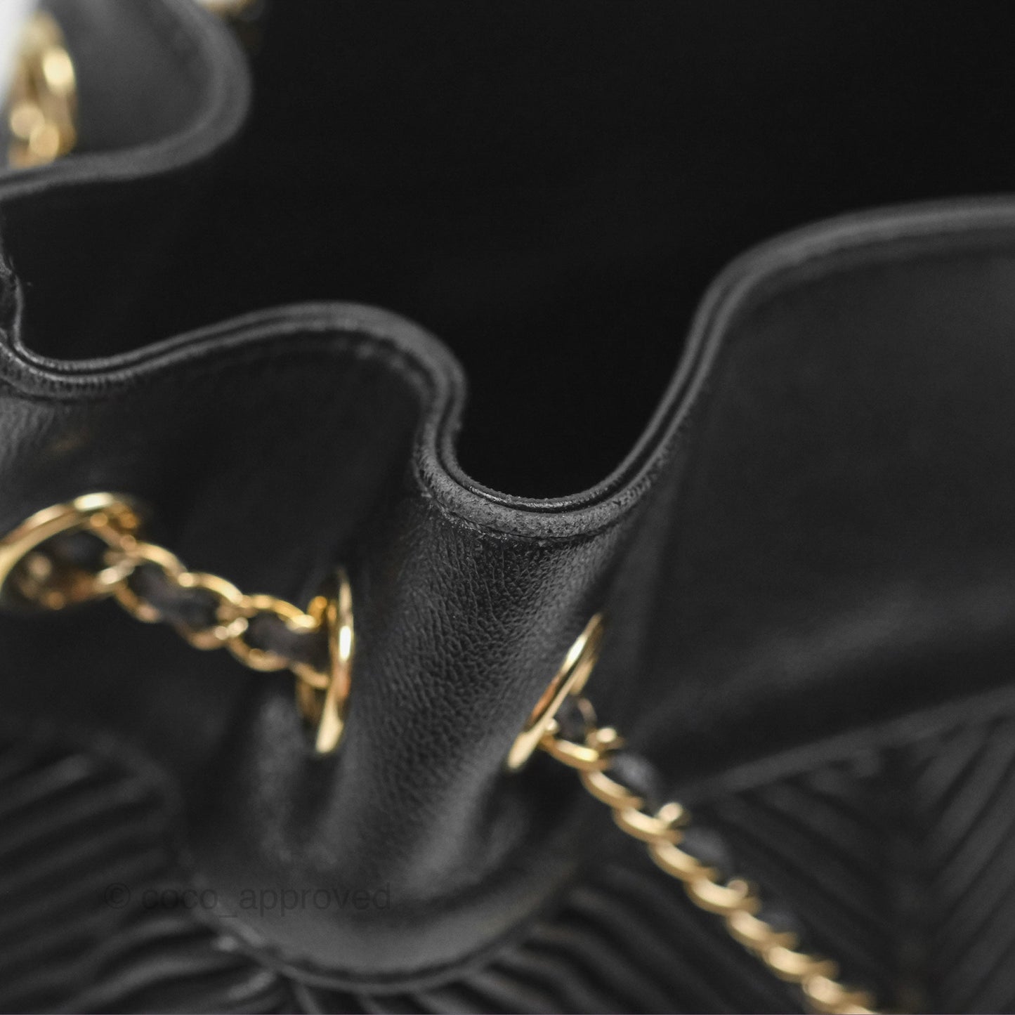 Chanel CC Chain Drawstring Bucket Bag Chevron Black Lambskin Gold Hardware