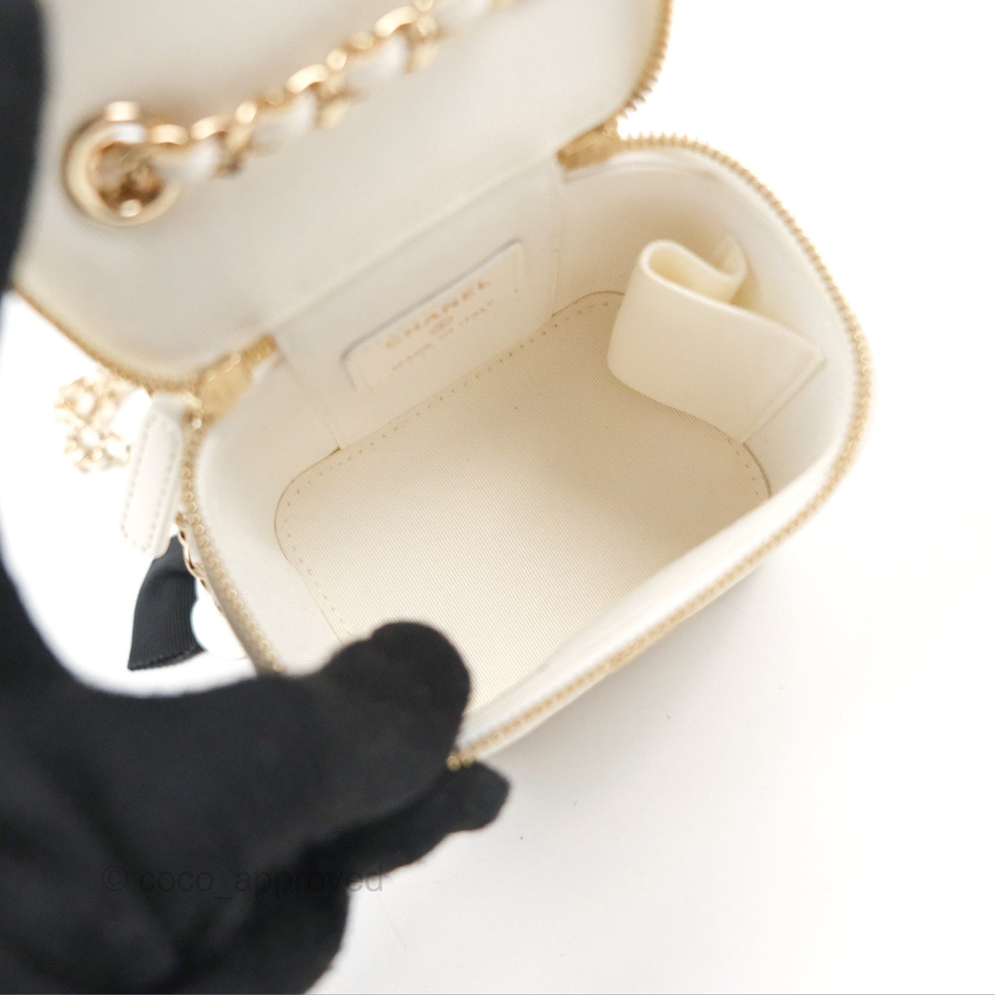 Chanel Camellia White Quilted Lambskin Mini Vanity with Chain Gold Hardware
