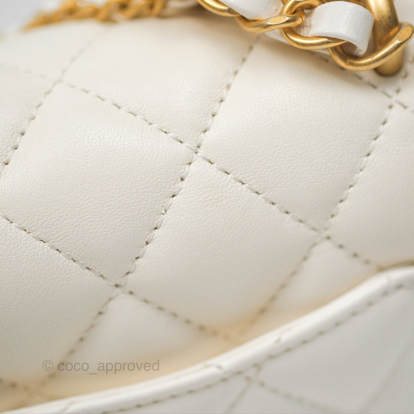Chanel Pearl Chain Mini Flap Bag White Lambskin Aged Gold Hardware 24P