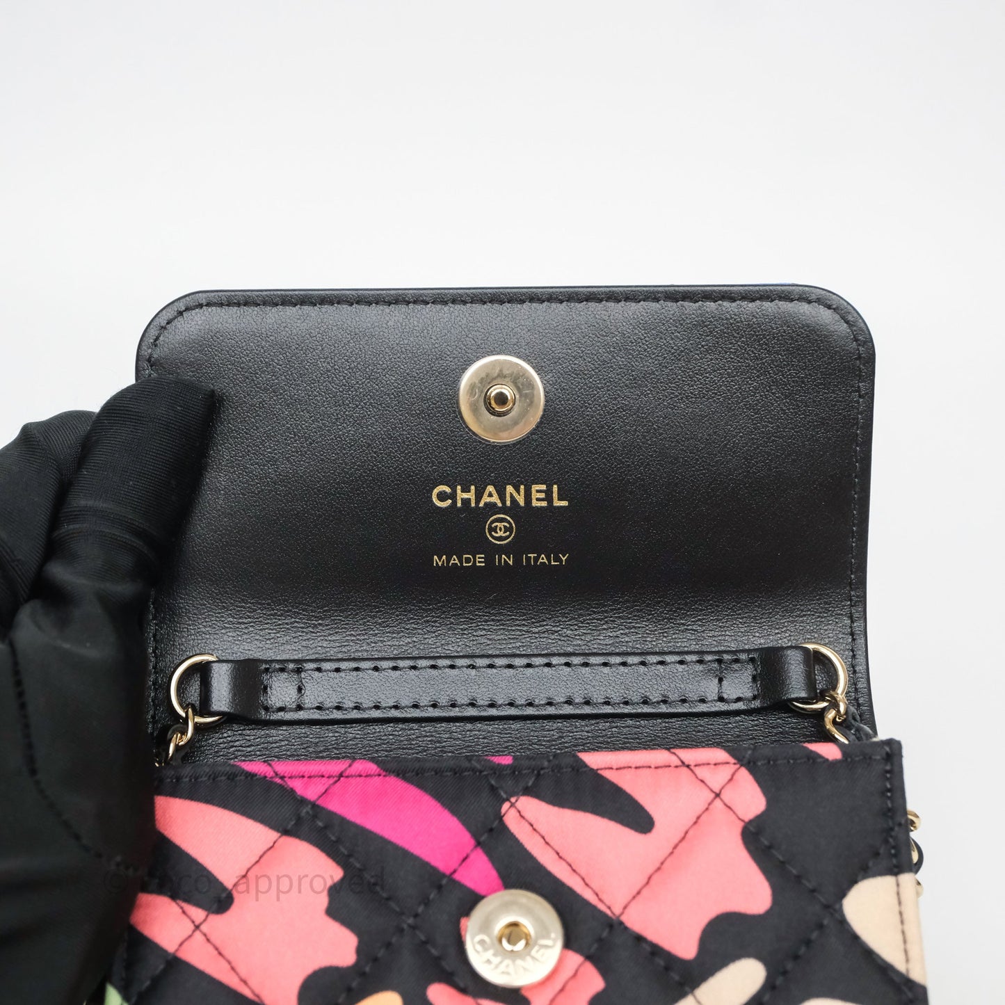 Chanel Mini Wallet With Chain CC Floral Printed Fabric Gold Hardware