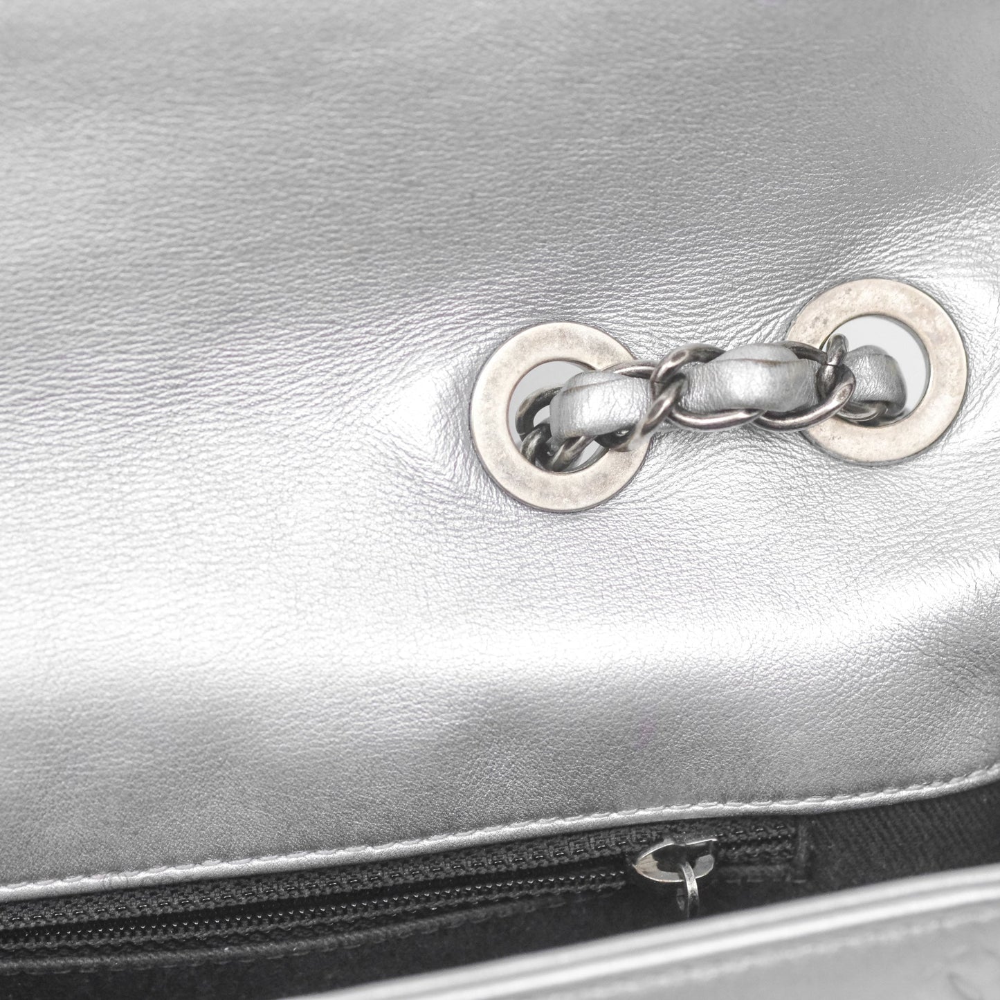 Chanel Medium Single Flap Embossed Metallic Silver Lambskin Ruthenium Hardware