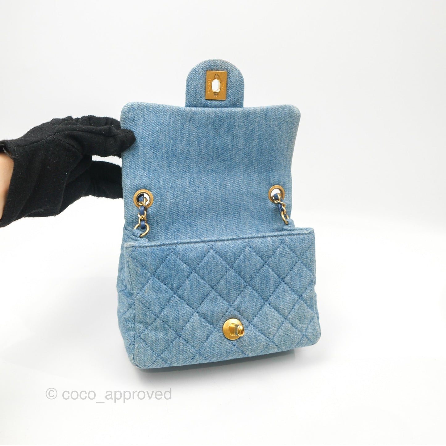 Chanel Mini Square Pearl Crush Quilted Denim Aged Gold Hardware