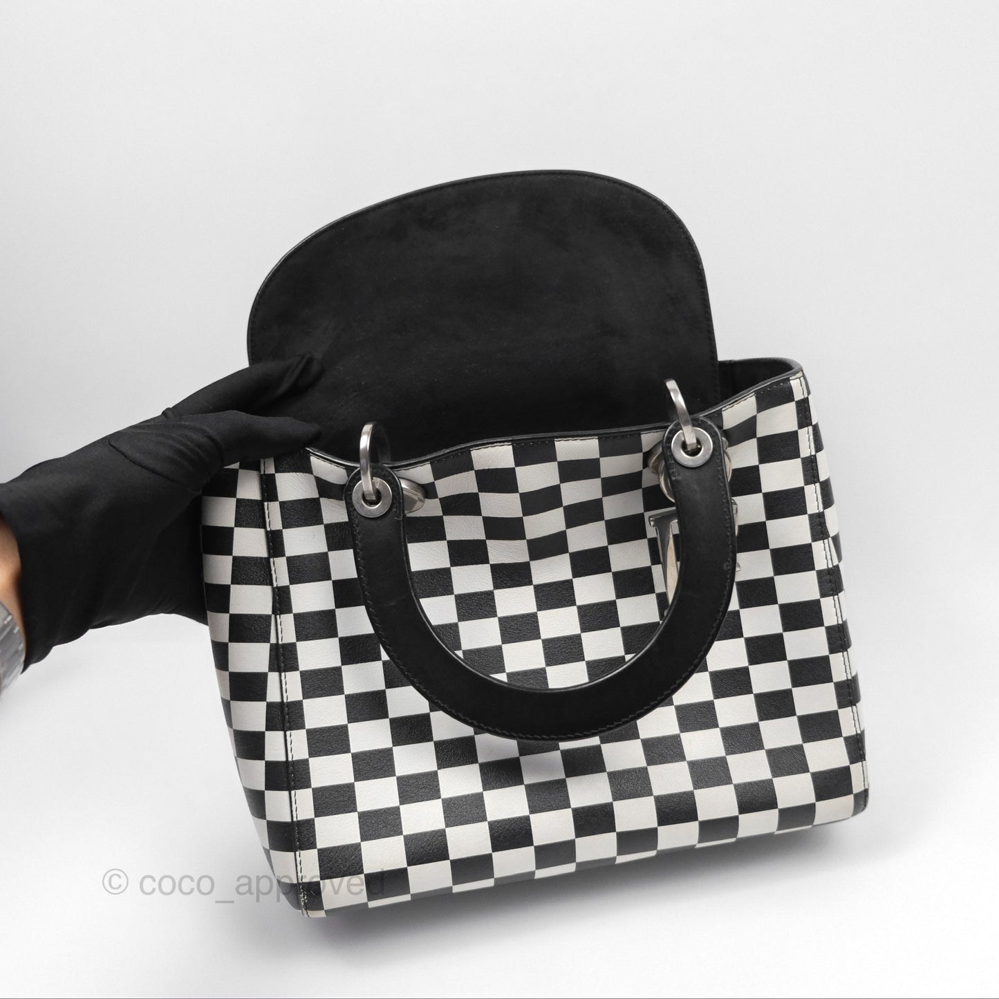 Christian Dior Medium Lady Dior Checkered Black/ White Calfskin