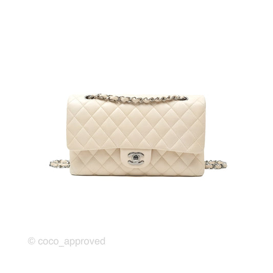 Chanel Classic M/L Medium Flap Quilted Pale Beige Lambskin Gun Metal