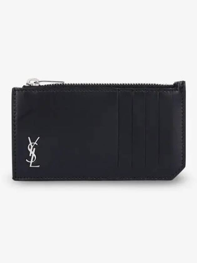 Luxury Saint Laurent Tiny Cassandre Fragments Silver Hardware Leather Zipper Card Wallet Black