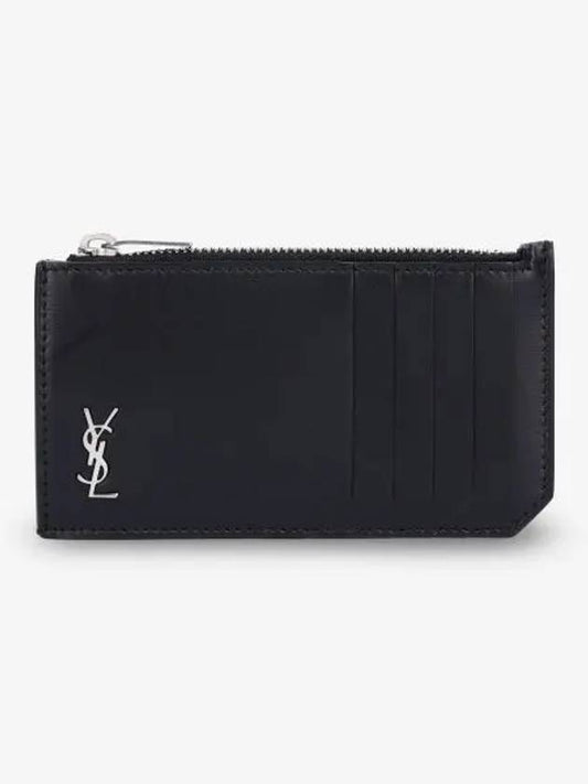 Luxury Saint Laurent Tiny Cassandre Fragments Silver Hardware Leather Zipper Card Wallet Black
