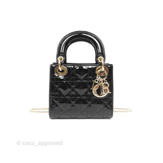 Christian Dior Mini Lady Dior Black Cannage Patent Gold Hardware