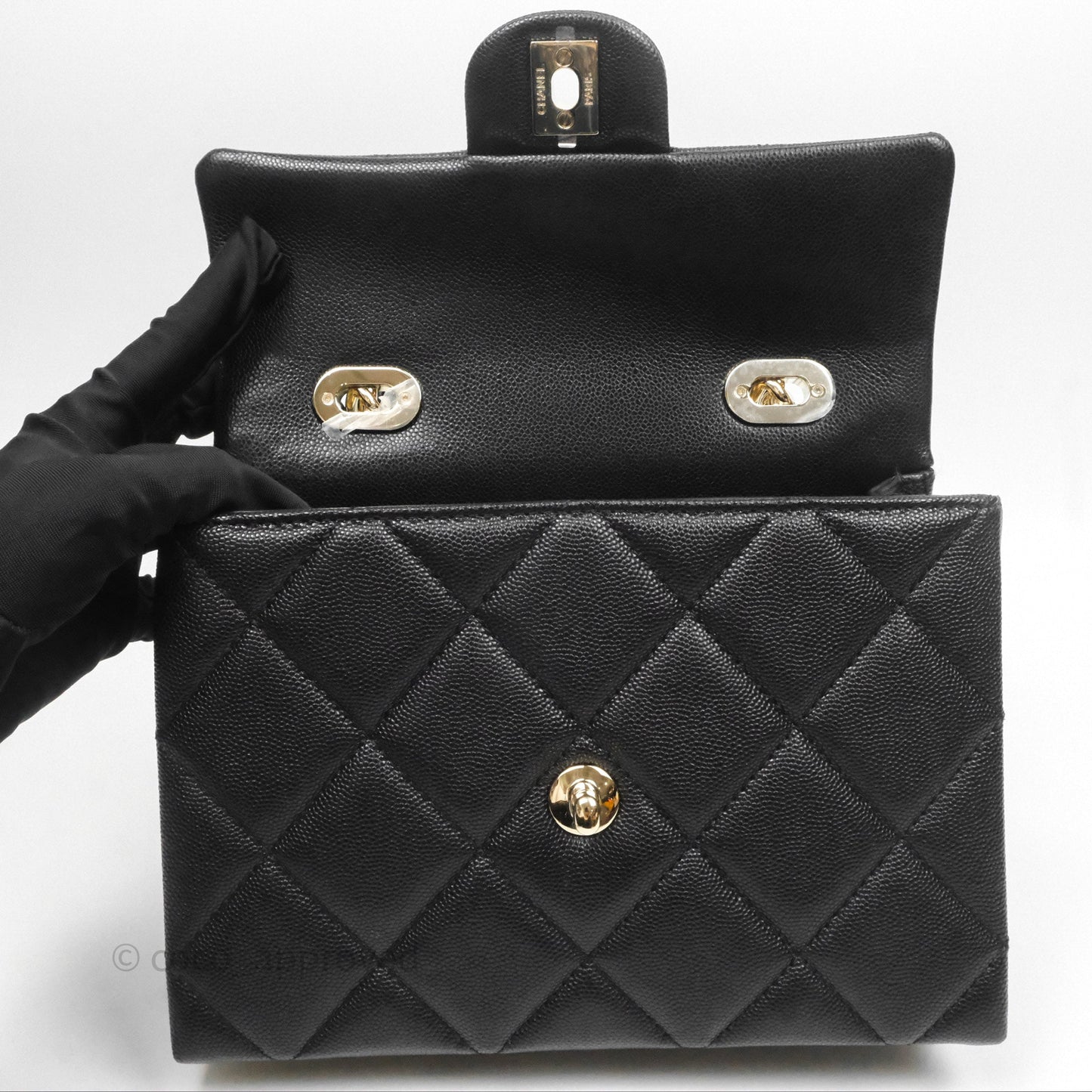 Chanel Quilted Small Top Handle Flap Bag Black Caviar Gold Hardware