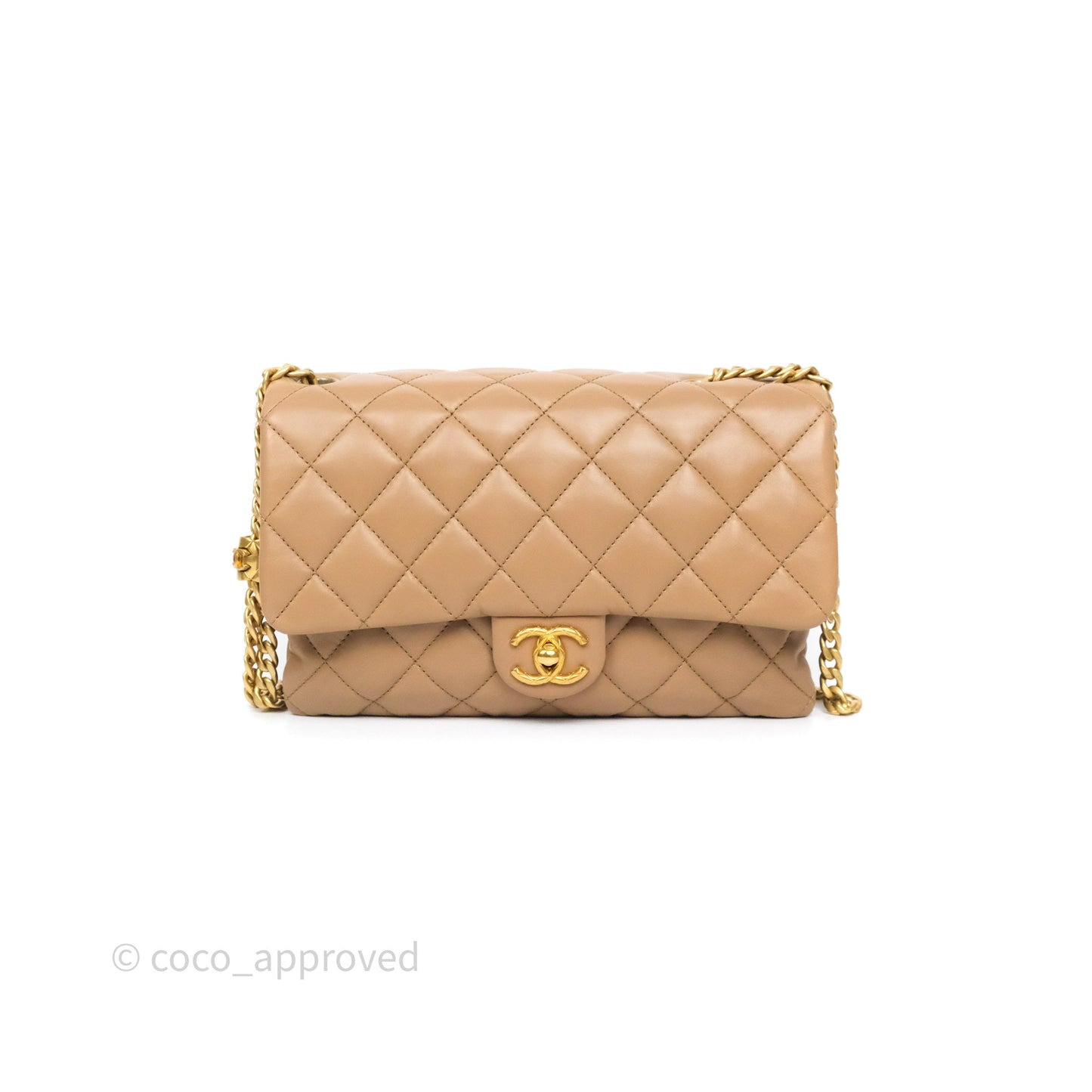 Chanel Medium All Slide Adjustable Chain Flap Bag Beige Lambskin Aged Gold Hardware
