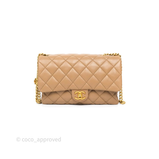 Chanel Medium All Slide Adjustable Chain Flap Bag Beige Lambskin Aged Gold Hardware