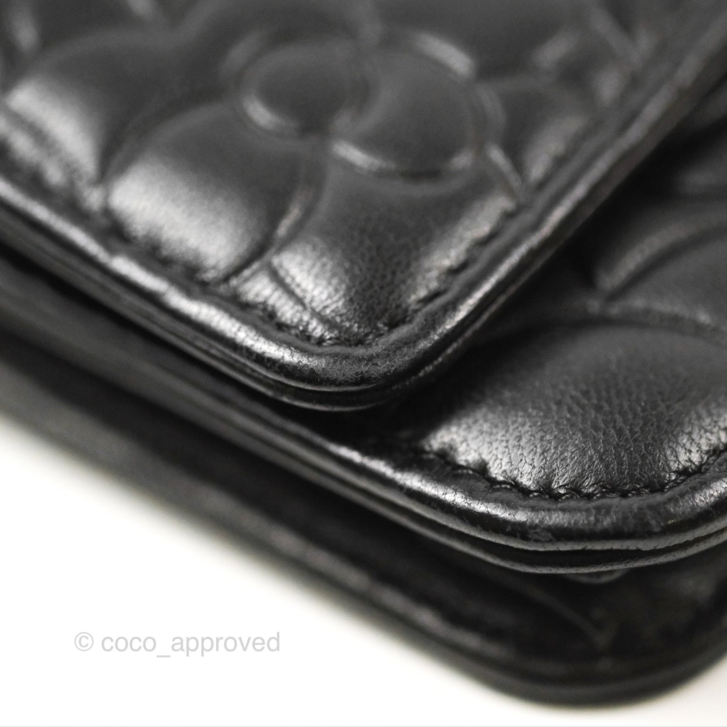 Chanel Camellia Embossed Wallet on Chain WOC Black Lambskin Silver Hardware